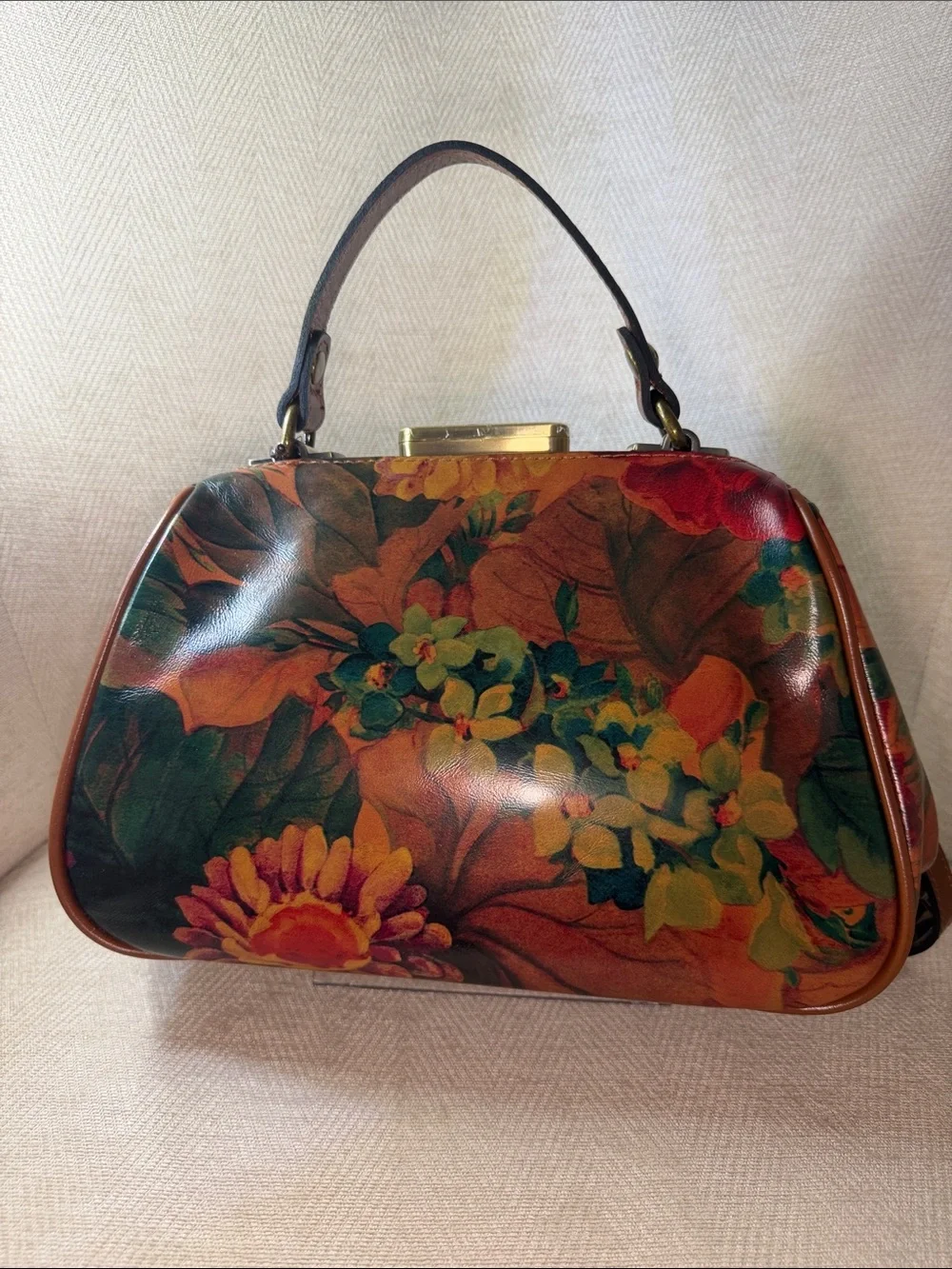 Patricia Nash Floral Printed Leather Satchel in Brown and Green